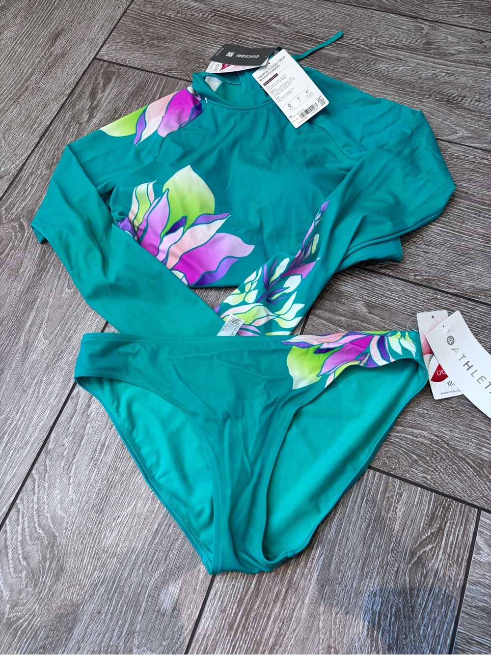 Athleta Teal Floral Long-Sleeve Cropped Rashguard Bikini Set with Floral Accents